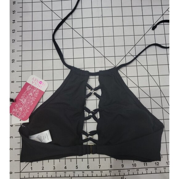 NWT Hula Honey XS Criss Crossed Ring Front Black High Neck Bikini Swim Top 89436 - Picture 2 of 3